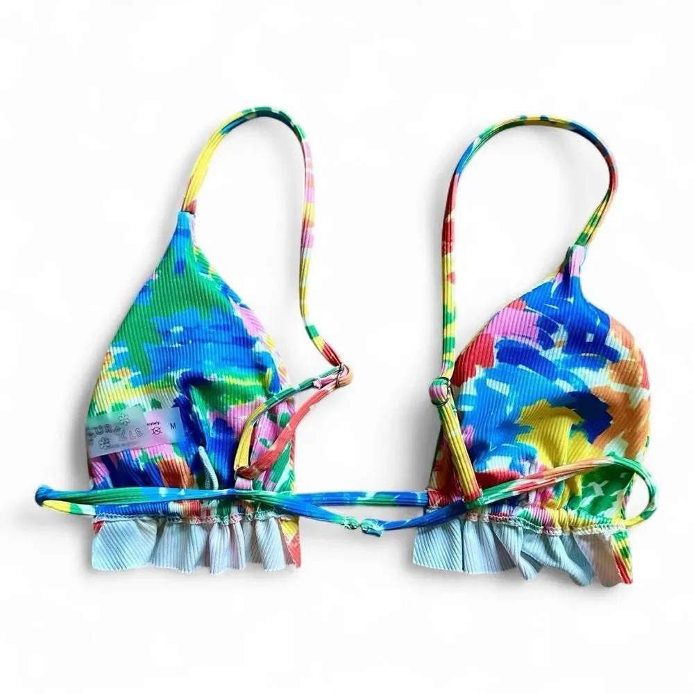Aurelle Henri Triangle Bikini Set Multicolor Sz M Ribbed Ruffle Tie Side Cheeky